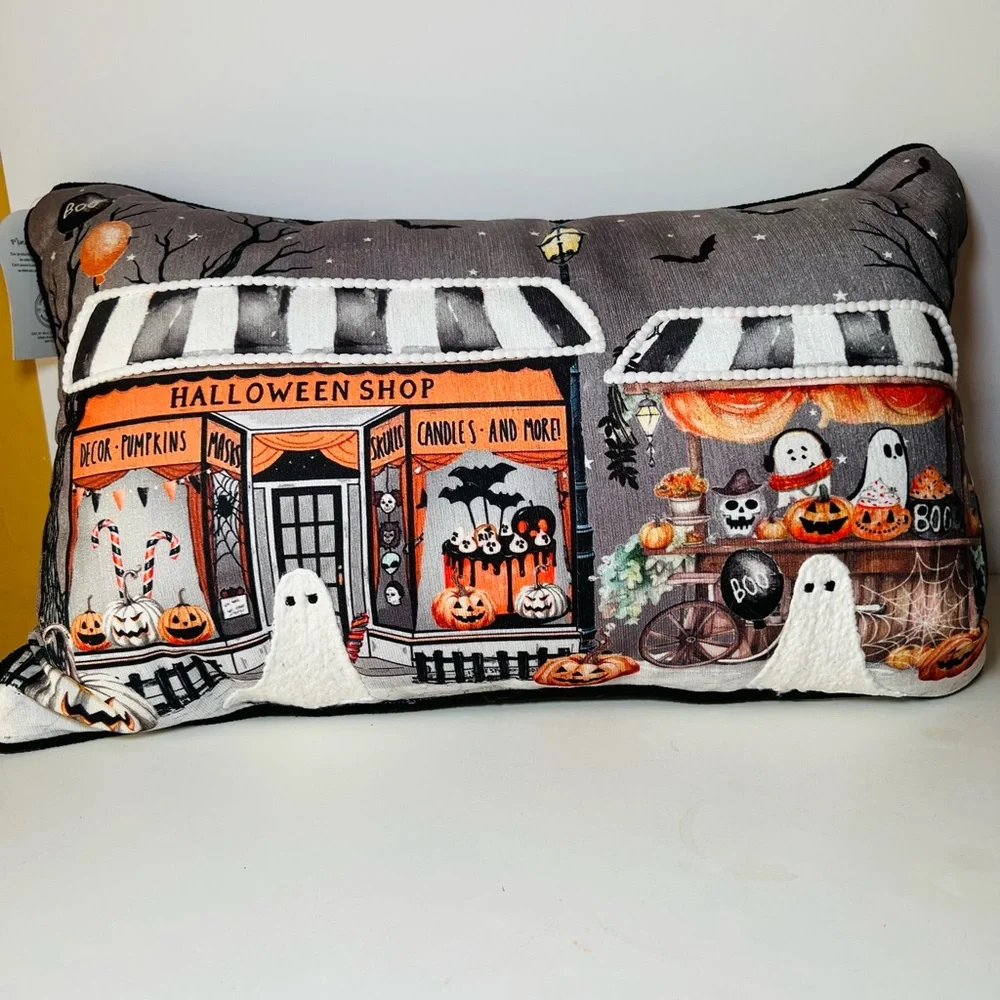 Halloween Sweet Shop Textured Throw Pillow Ghosts Candy Cake Pumpkins Party